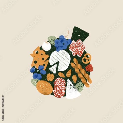 Charcuterie board. Assortment of wine appetizers. Antipasti board. Vector illustration