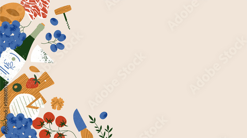 Charcuterie board and wine background. Assortment of wine appetizers. Antipasti board. Vector illustration