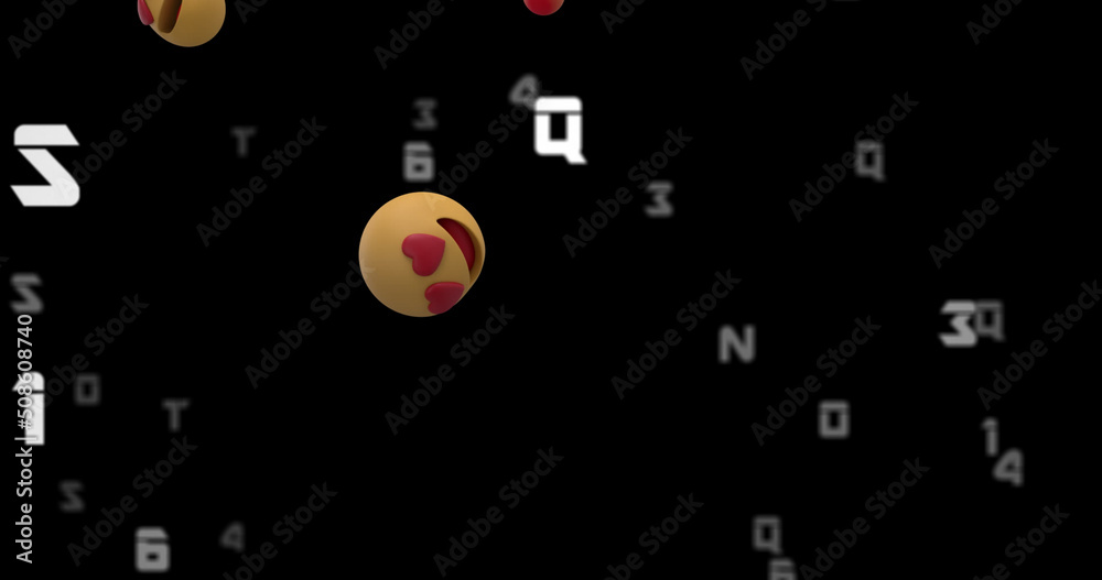 Image of social media icons and numbers falling over black background Image of social media icons and numbers falling over black background