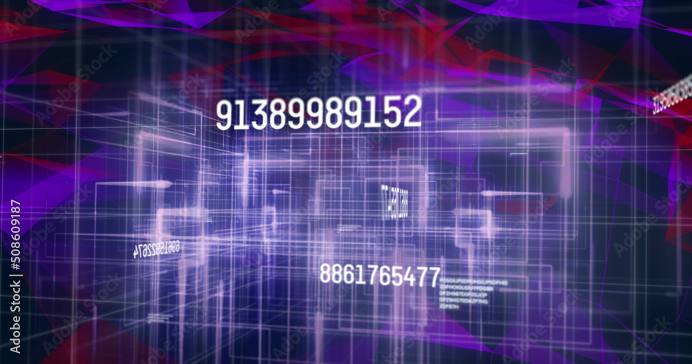 Image of numbers and data processing over purple and red network of connections