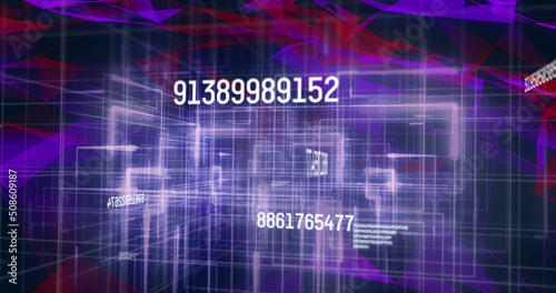 Image of numbers and data processing over purple and red network of connections