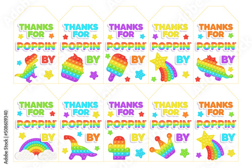 Set of 10 Birthday Popit rainbow tags in fidget toy style. Pop it party design as a trendy silicone toy for fidget in bright color. Bubble sensory toy on favor tag for gift wrap. Vector illustration.