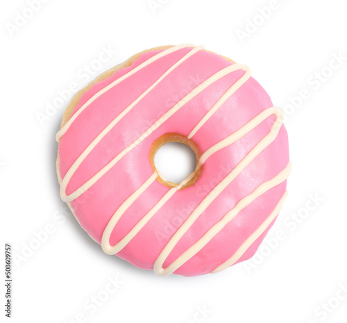 Sweet tasty glazed donut isolated on white, top view