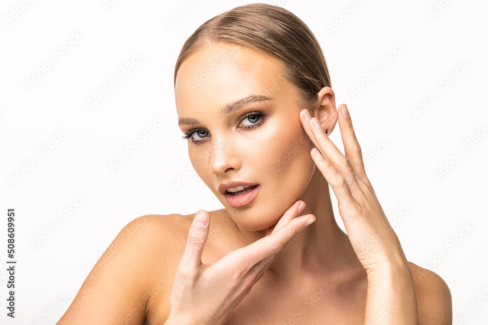Beautiful woman female skin care healthy hair and skin isolated on white background Beautiful woman female skin care healthy hair and skin isolated on white background