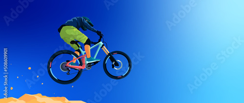 Fototapeta Naklejka Na Ścianę i Meble -  Rider jumps on a mountain bike. Downhill,  freeride, enduro,  allmountain ride. Dust and stones from under the wheels. extreme sports. Dynamic vector illustration. Blue sky on the background. Banner