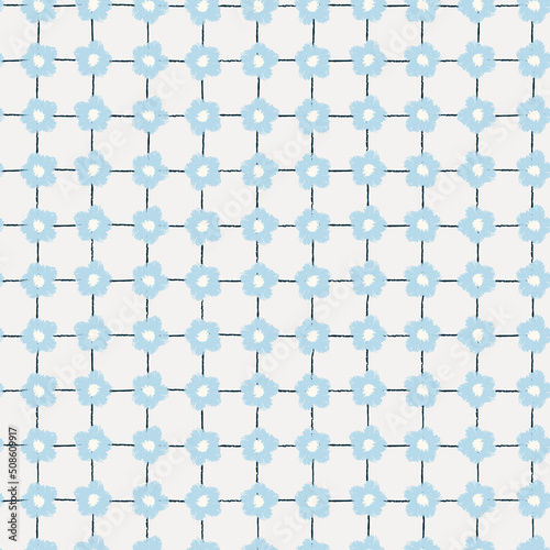 Seamless colorful pattern with hand drawn viola flower heads in rows on blue background for surface design and other design projects