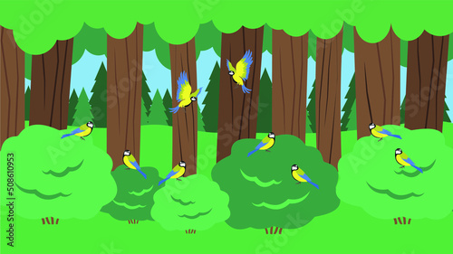 A flock of tits flew into the forest
