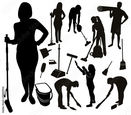 collection vector silhouette cleaning house,rooms,cleaning tools isolated on white background