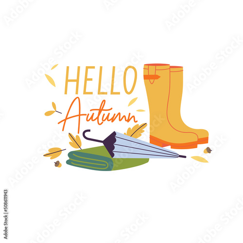 Vector illustrationset of autumn accessories - rubber boots and an umbrella with a scarf. Fall lettering. photo