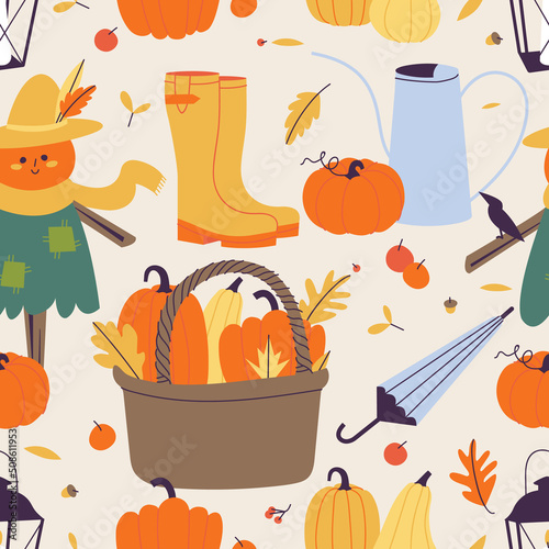 Vector illustration set of autumn elements. Fall seamless pattern.