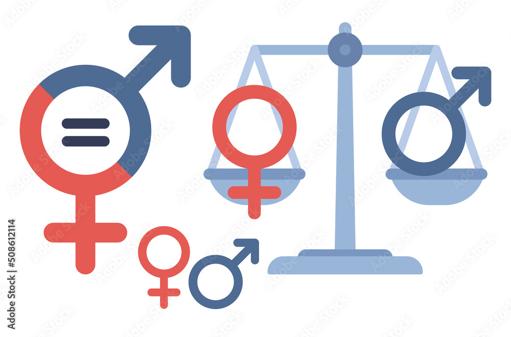Gender equality symbol. Male and female sign on balance scale. Male and female gender sign showing equal weight. Vector flat illustration Gender equality symbol. Male and female sign on balance scale. Male and female gender sign showing equal weight. Vector flat illustration