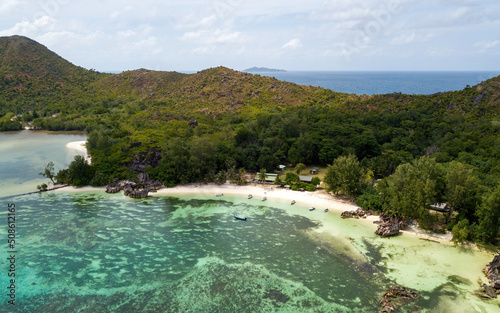 Aerial views of Seychelles islands  a paradise place  aerial drone photo . Couriese island  Seychelles