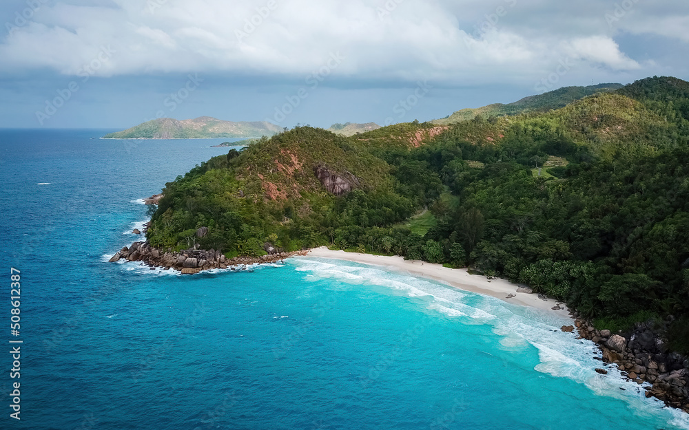 Aerial views of Seychelles islands, a paradise place (aerial drone photo). Anse Georgette, Seychelles