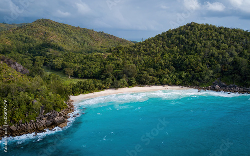 Aerial views of Seychelles islands, a paradise place (aerial drone photo). Anse Georgette, Seychelles