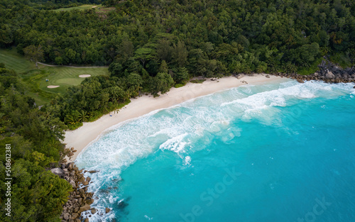 Aerial views of Seychelles islands  a paradise beach  aerial drone photo . Anse Georgette  Seychelles