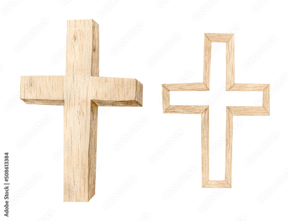 Watercolor Christian wooden cross, Baptism Cross, Wedding invitation, Holy Spirit, Religious illustration