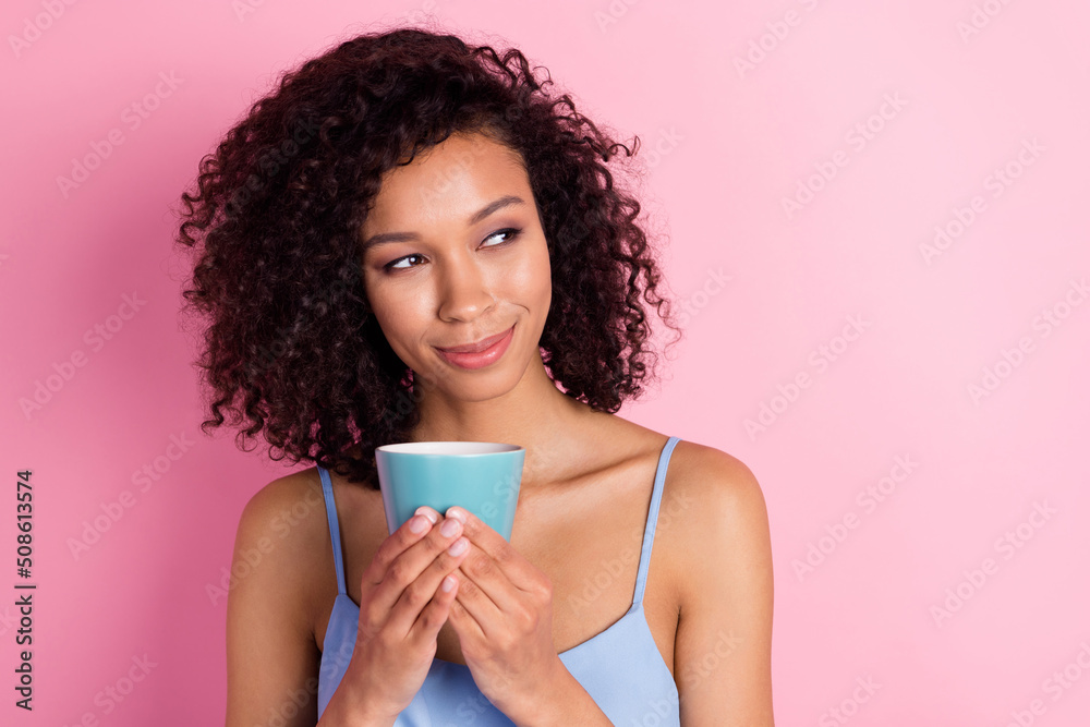 Photo of adorable peaceful minded lady enjoy fresh coffee look empty space isolated on pink color background Photo of adorable peaceful minded lady enjoy fresh coffee look empty space isolated on pink color background
