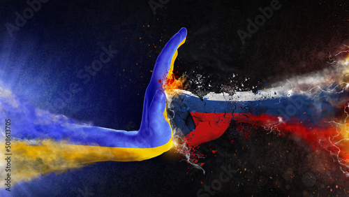 The war between Ukraine and Russia. Ukraine stopped Russia. Two hands painted in the colors of the flags collided. Flag of the two countries
