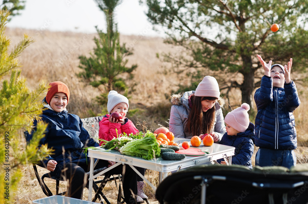 Obraz premium Cheerful mother with kids at a picnic. Family on vacation with fruits outdoor.