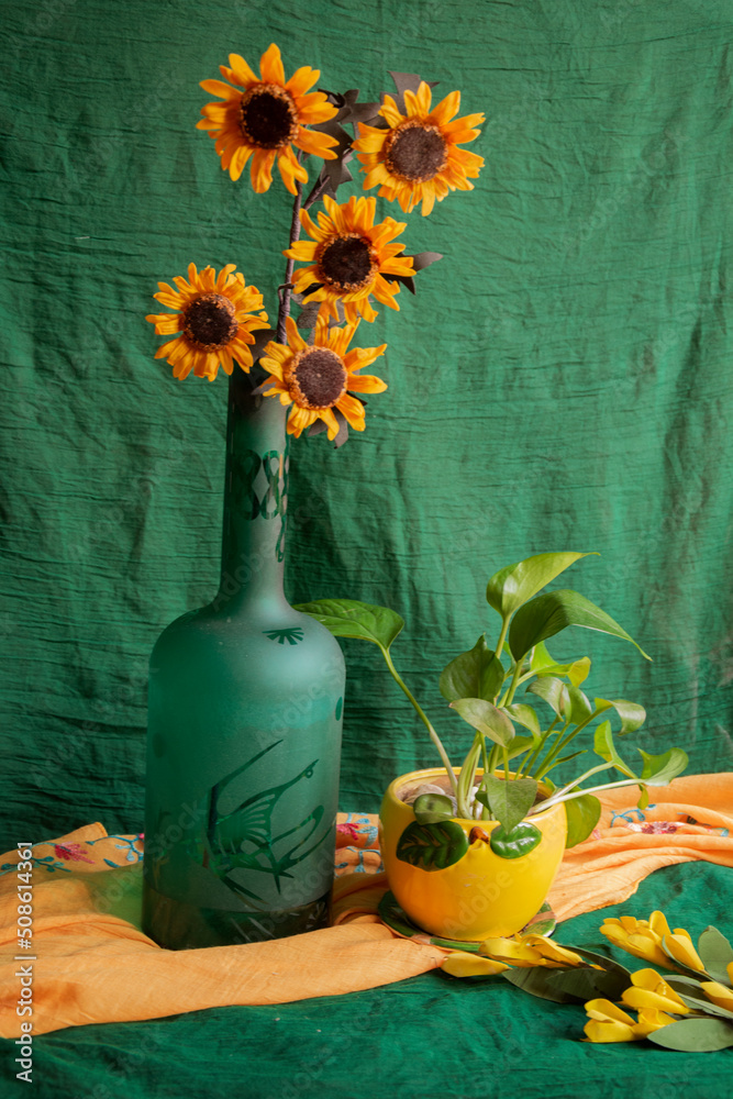 3 Tournesols En Céramique Vert Turquoise - Fleurs Artificielles - Diamètre 9cm - Rouge