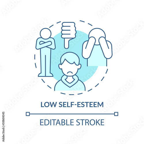 Low self-esteem turquoise concept icon. Body image perception in teens abstract idea thin line illustration. Isolated outline drawing. Editable stroke. Arial, Myriad Pro-Bold fonts used