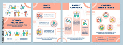 Difficulties of teenage life terracotta brochure template. Leaflet design with linear icons. Editable 4 vector layouts for presentation, annual reports. Arial-Black, Myriad Pro-Regular fonts used