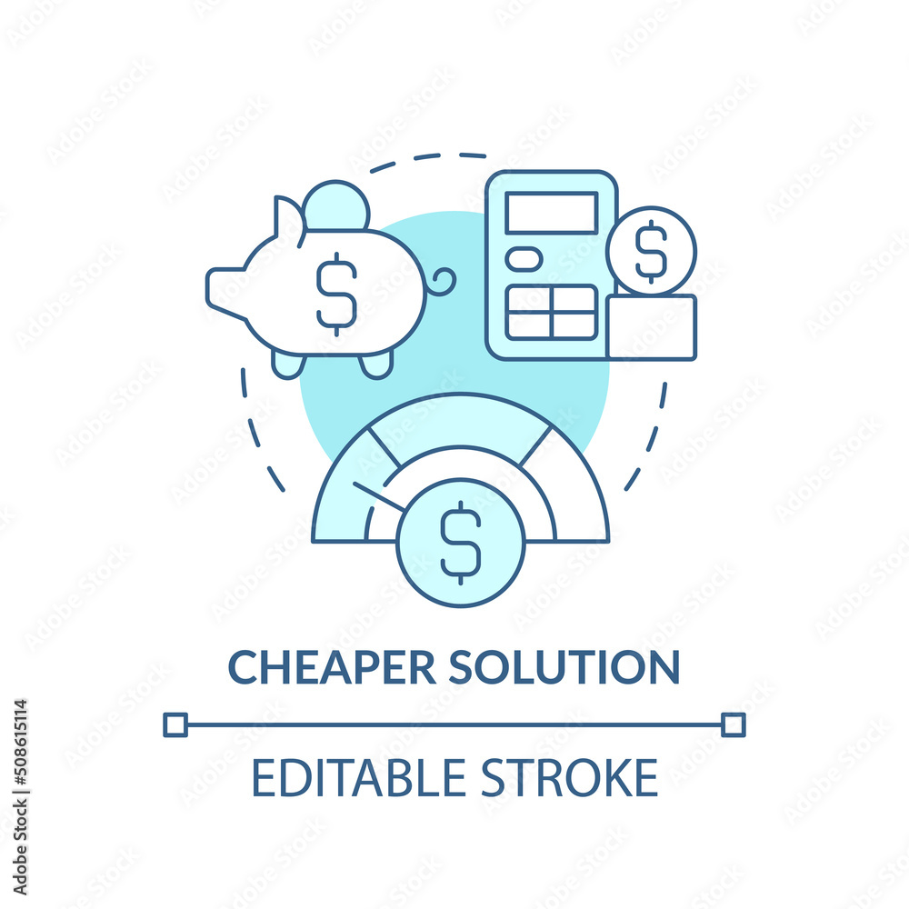 Cheaper solution turquoise concept icon. Affordable prices. Mobility as service value abstract idea thin line illustration. Isolated outline drawing. Editable stroke. Arial, Myriad Pro-Bold fonts used
