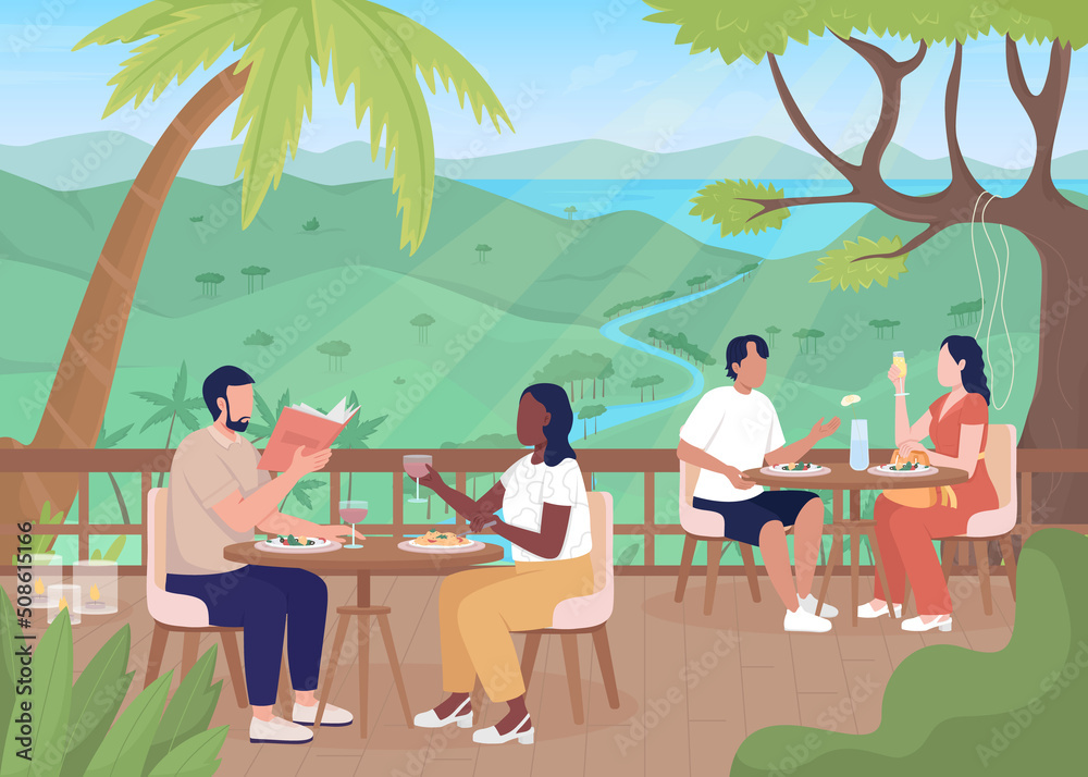 Guests enjoying food at exotic resort flat color vector illustration. Luxury hotel in jungles. Fully editable 2D simple cartoon characters with mountains and rainforest on background