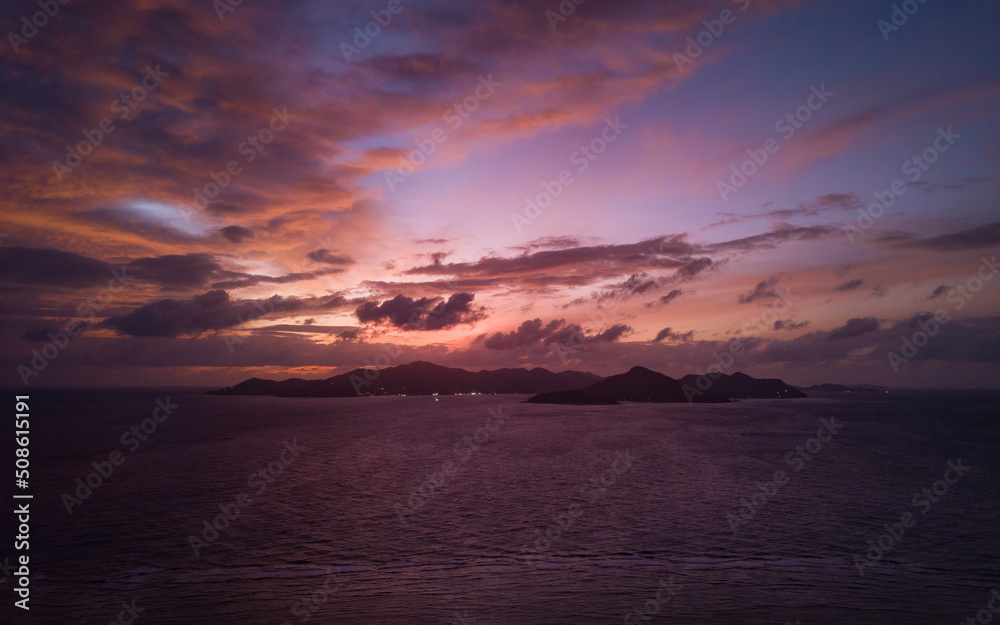 Aerial views of epic Seychelles islands sunset, a paradise place (aerial drone photo). Seychelles