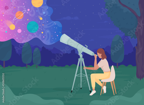 Young astronomer with telescope looking at celestial bodies flat color vector illustration. Science and hobby. Fully editable 2D simple cartoon character with night sky on background