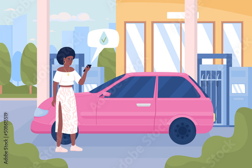 Fototapeta Naklejka Na Ścianę i Meble -  Woman with mobile phone at urban gas station flat color vector illustration. Successful car refueling in town. Fully editable 2D simple cartoon characters with cityscape on background