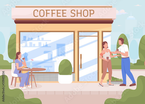 Coffee shop and guests in city garden flat color vector illustration. Small cafe building. Fully editable 2D simple cartoon characters with cityscape on background. Recursive font used