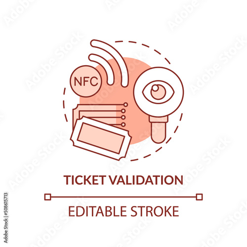 Ticket validation red concept icon. Acquisition of transport ticket. Maas issue abstract idea thin line illustration. Isolated outline drawing. Editable stroke. Arial, Myriad Pro-Bold fonts used