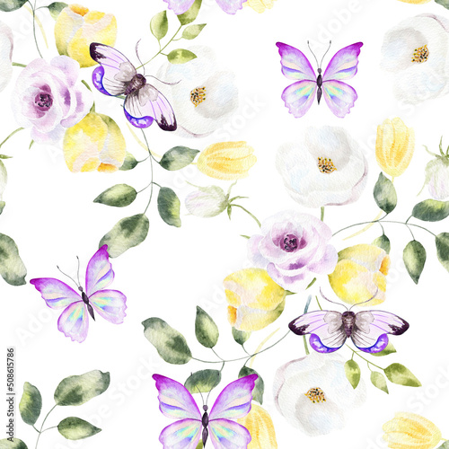 Hand drawn watercolor seamless pattern of bright colorful realistic butterflies bug and flowers .Mixed media art.