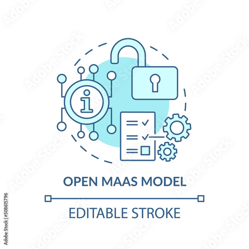 Open Maas model turquoise concept icon. Regulated utility. Mobility as service model abstract idea thin line illustration. Isolated outline drawing. Editable stroke. Arial, Myriad Pro-Bold fonts used