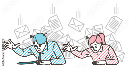 Set of male and female business people overloaded with work [Vector illustration].
