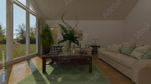 Living room with led tv on the wall 3d illustration