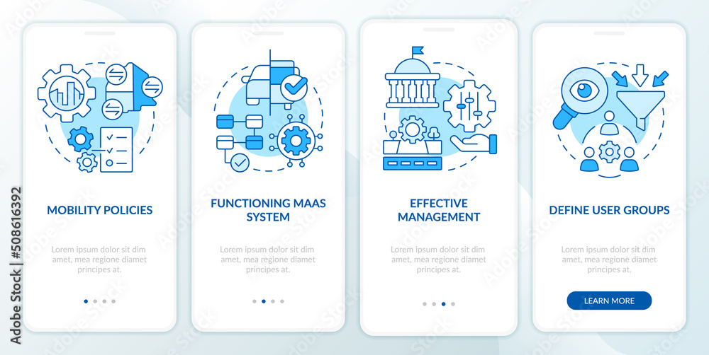 Naklejka premium MaaS introduction components blue onboarding mobile app screen. Data walkthrough 4 steps editable graphic instructions with linear concepts. UI, UX, GUI template. Myriad Pro-Bold, Regular fonts used