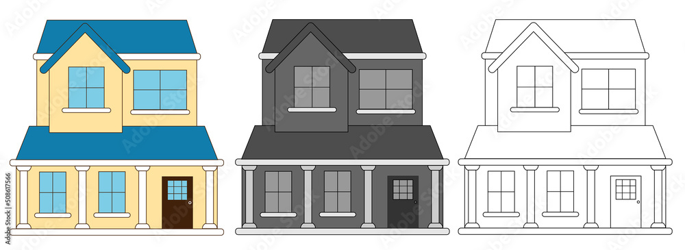 Cartoon style Country House set. Colorful, monochrome and line building design. Cute houses set