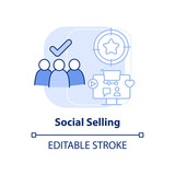 Social selling light blue concept icon. Sales trend abstract idea thin line illustration. Target customers on social media. Isolated outline drawing. Editable stroke. Arial, Myriad Pro-Bold fonts used