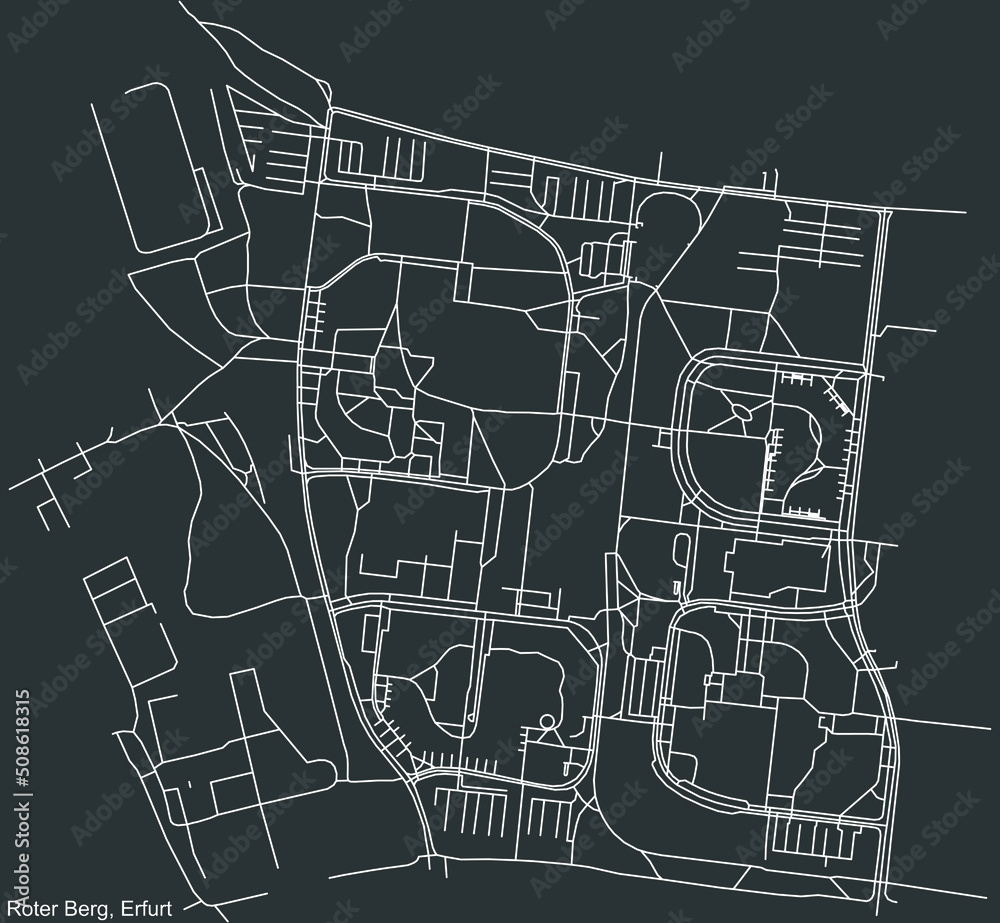 Detailed negative navigation white lines urban street roads map of the ROTER BERG DISTRICT of the German regional capital city of Erfurt, Germany on dark gray background