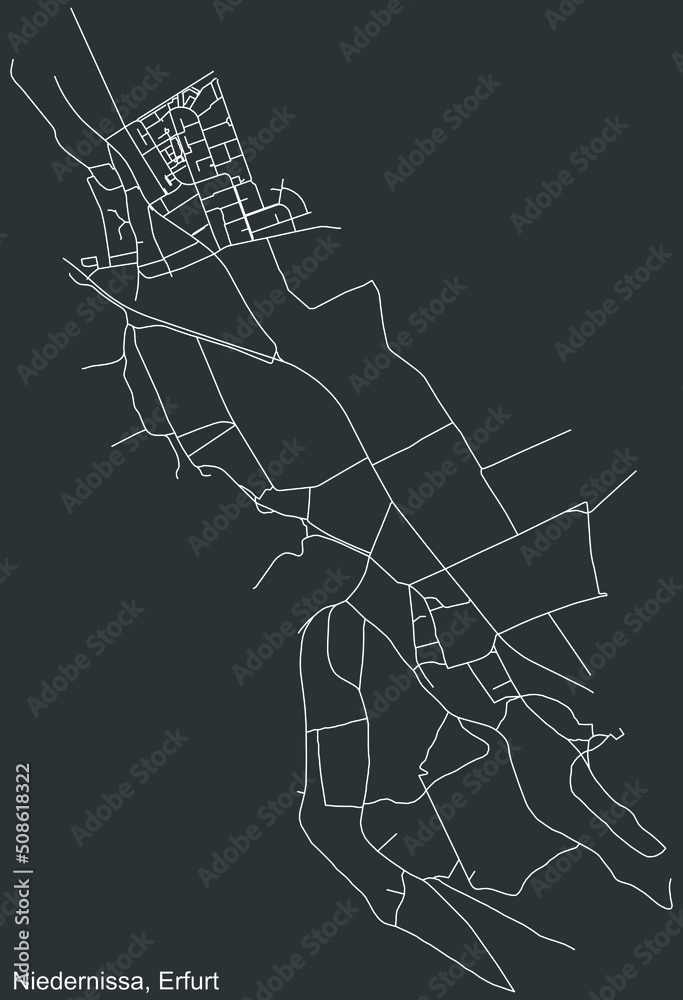 Detailed negative navigation white lines urban street roads map of the NIEDERNISSA DISTRICT of the German regional capital city of Erfurt, Germany on dark gray background