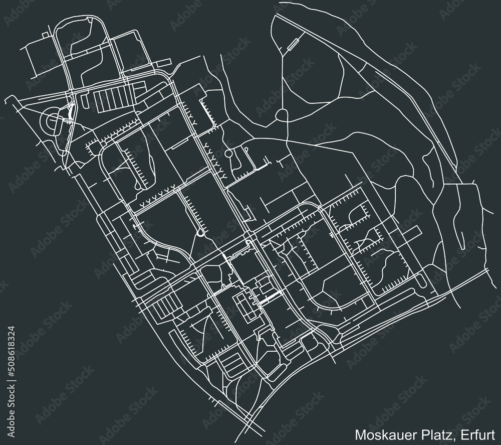 Detailed negative navigation white lines urban street roads map of the MOSKAUER PLATZ DISTRICT of the German regional capital city of Erfurt, Germany on dark gray background
