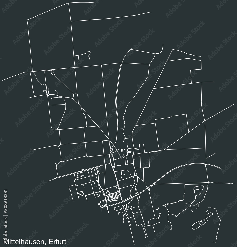 Detailed negative navigation white lines urban street roads map of the MITTELHAUSEN DISTRICT of the German regional capital city of Erfurt, Germany on dark gray background