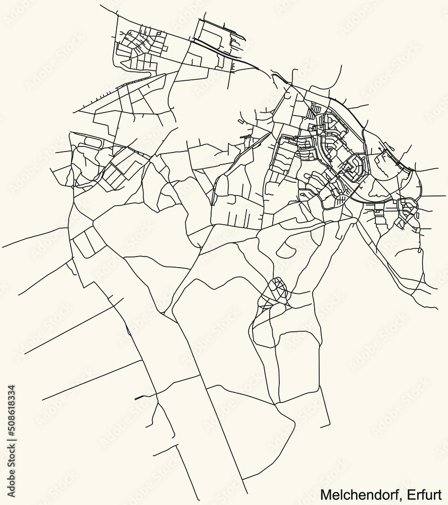 Detailed navigation black lines urban street roads map of the MELCHENDORF DISTRICT of the German regional capital city of Erfurt, Germany on vintage beige background
