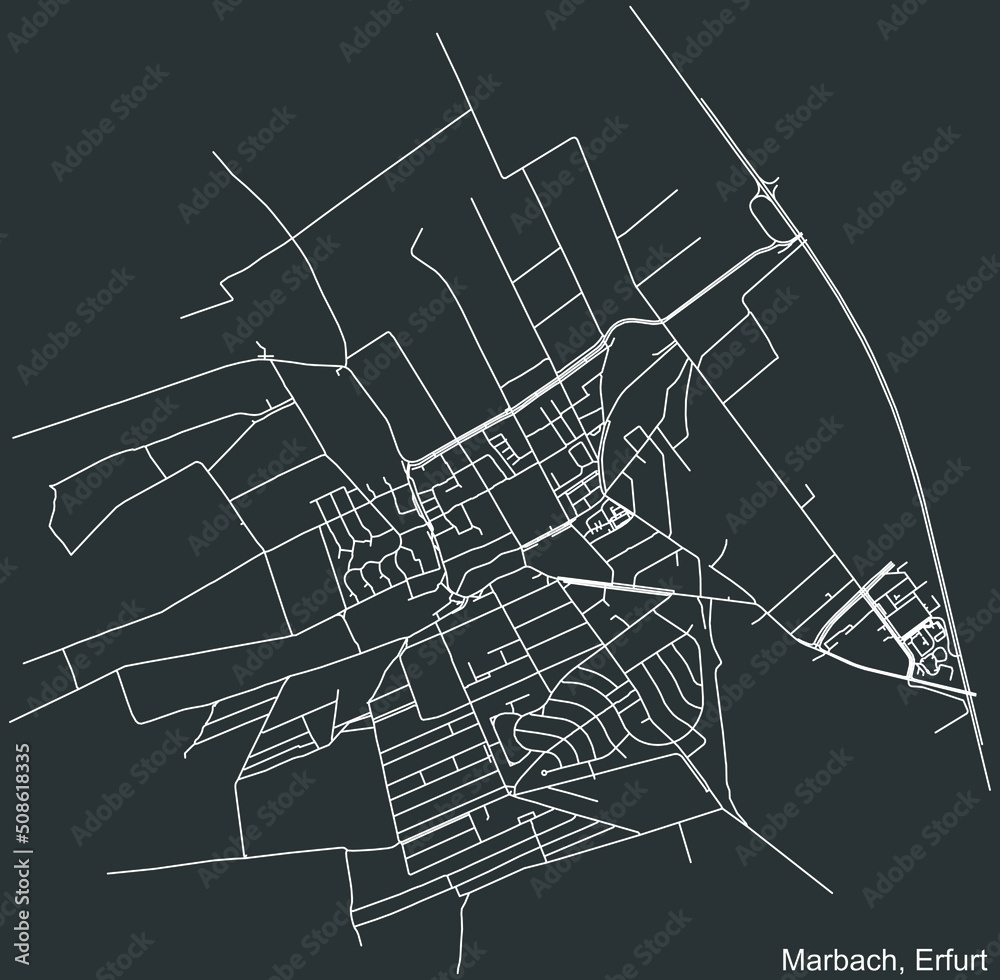 Detailed negative navigation white lines urban street roads map of the MARBACH DISTRICT of the German regional capital city of Erfurt, Germany on dark gray background