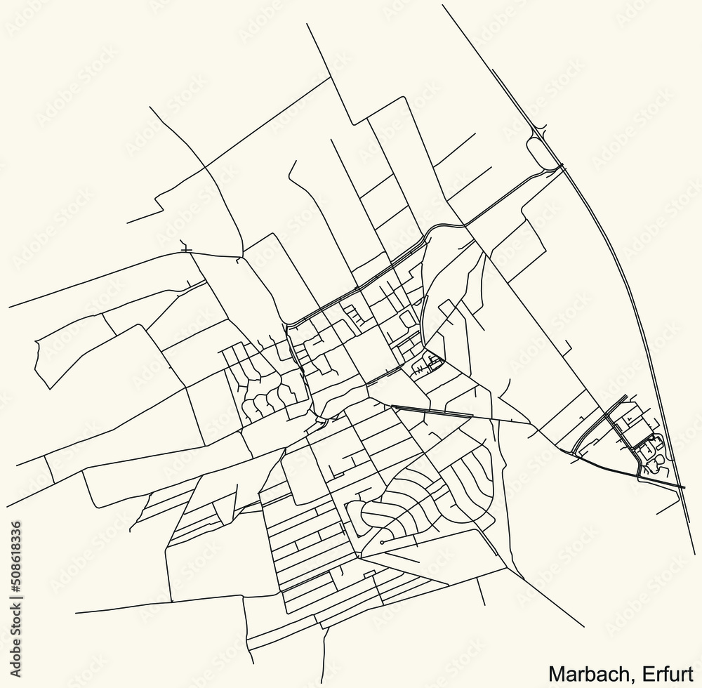 Detailed navigation black lines urban street roads map of the MARBACH DISTRICT of the German regional capital city of Erfurt, Germany on vintage beige background