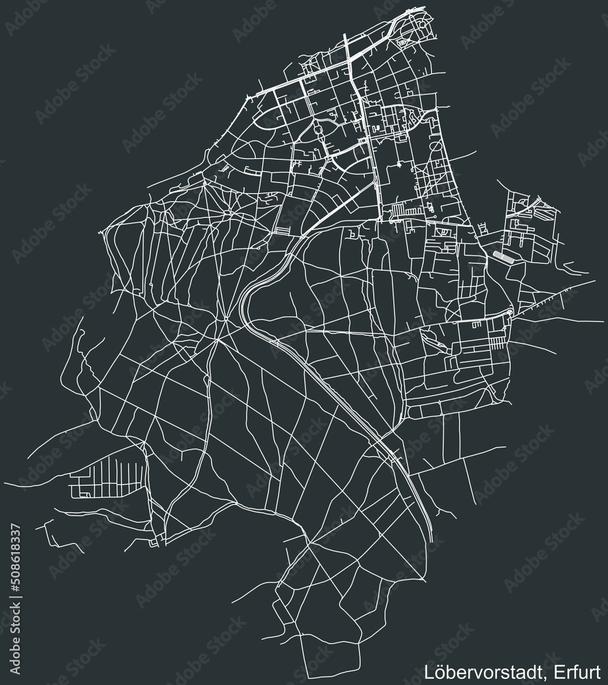 Detailed negative navigation white lines urban street roads map of the LÖBERVORSTADT DISTRICT of the German regional capital city of Erfurt, Germany on dark gray background