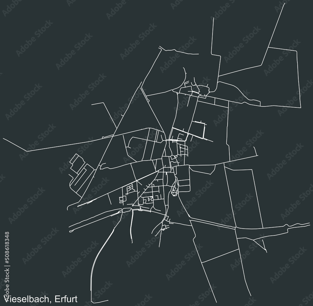 Detailed negative navigation white lines urban street roads map of the VIESELBACH DISTRICT of the German regional capital city of Erfurt, Germany on dark gray background