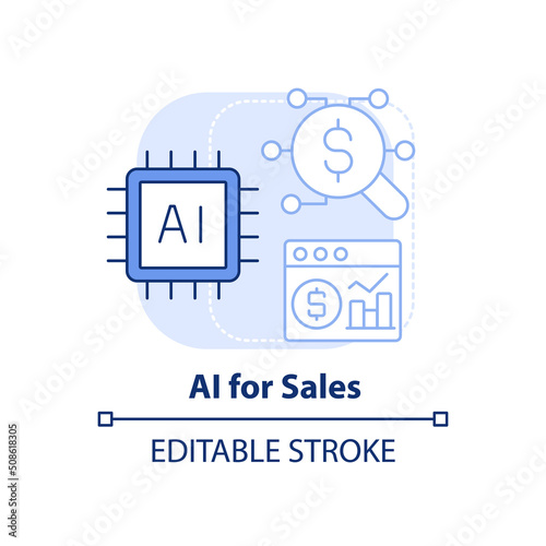 AI for sales light blue concept icon. Selling trend abstract idea thin line illustration. Machine learning. Boost revenue. Isolated outline drawing. Editable stroke. Arial, Myriad Pro-Bold fonts used